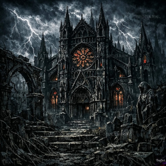 Gothic Cathedral Art Print, Dark Fantasy Church, Haunted Church
