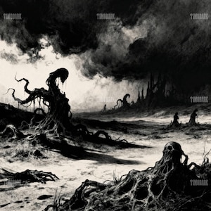 May include: A monochrome digital art print depicting a desolate, gothic landscape. The image features twisted, dark trees, a skull, and ominous figures under a stormy sky. The artist's name, TIMODARK, is watermarked across the image.
