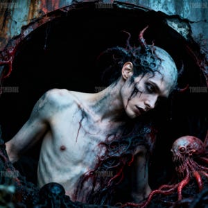 May include: A surreal digital artwork featuring a pale-skinned figure with dark markings and horns emerging from a dark, cavernous space. The figure is surrounded by grotesque, organic forms and a small, monstrous creature with tentacles.