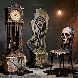 May include: An artistic composition featuring three surreal furniture pieces. A grandfather clock with a melting, brown, viscous substance, a stone chair with black curved lines, and a chair with a human skull-like head.