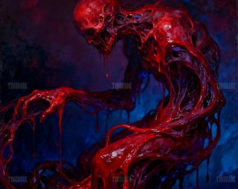 Puede incluir: Pintura digital de una figura humanoide grotesca, representada en tonos rojos y carmesí sobre un fondo azul oscuro. La figura parece estar compuesta por una sustancia viscosa y fluida, con una cabeza esquelética y extremidades alargadas. Tema de terror.