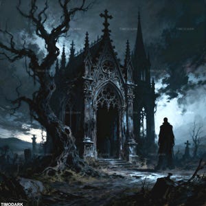 Capilla del Vigilante Marchito – Arte de terror gótico, ruinas de catedral oscura, paisaje embrujado, escena gótica sombría, 1:1 300 DPI