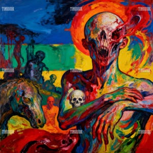 May include: An expressionist painting depicting a skeletal figure with an open mouth and exposed teeth. The artwork uses a vivid palette of colours, including red, yellow, blue, and green. Other figures and a horse are also present. The overall effect is surreal and nightmarish, with a strong use of colour.