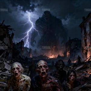 May include: A digital illustration depicts a post-apocalyptic scene with zombies and a giant monster under a stormy sky. Ruins of buildings and debris fill the foreground. Lightning strikes illuminate the dark, ominous setting, creating a horror theme.
