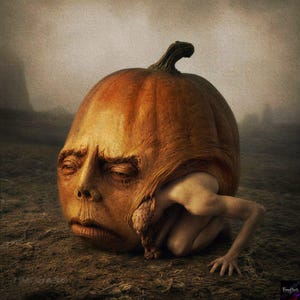 May include: A surreal digital artwork featuring a large, textured orange pumpkin with a human-like face, including eyes, a nose, and a mouth. A pale, slender human arm and shoulder emerge from the side of the pumpkin, resting on the ground.