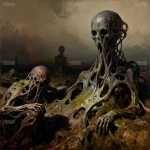 May include: A dark, surreal painting depicting several skeletal figures with distorted, decaying forms. The figures are in a desolate, earthy landscape with a muted color palette of browns, greens, and grays, evoking a sense of dread.