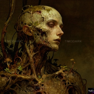 May include: A digital art piece depicting a human-like figure with a decaying, skeletal head and body, intertwined with roots and vegetation. The color palette is muted, with earthy tones of brown, green, and beige. The artwork has a surreal, fantasy theme.