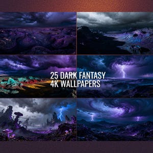 Peut inclure: Une composition de six images de paysages fantastiques sombres. Les scènes présentent des ciels orageux, des éclairs et des terrains surréalistes dans des tons de violet, de bleu et de noir. Le texte "25 DARK FANTASY 4K WALLPAPERS" est affiché en blanc.