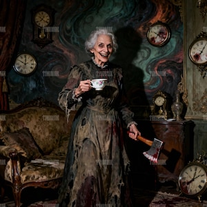 May include: A woman in a tattered dress holds a teacup and an axe covered in blood. The background features antique clocks and a vintage sofa, creating a spooky, gothic theme.