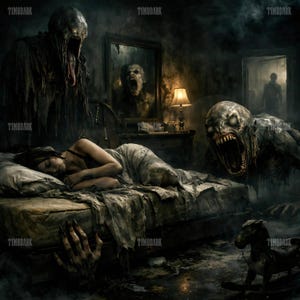 May include: A digital artwork showing a person asleep in a bed, with grotesque figures looming nearby. The scene is dark and unsettling, with a lamp providing the only light. The image has a horror theme, with a focus on the nightmarish and the uncanny.