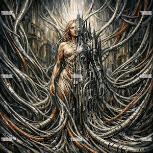 May include: An artistic digital painting depicts a woman merging with a mechanical structure. The woman's body transitions into a detailed, gothic-style building. The background features a network of cables and architectural elements, creating a surreal, industrial theme.