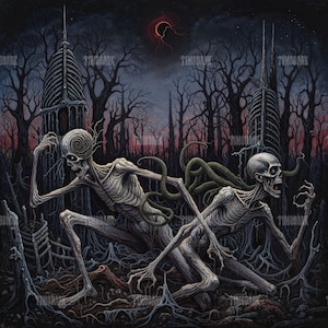 May include: A dark, gothic-style painting depicts two skeletal figures crawling through a desolate forest. The figures have elongated limbs and are intertwined with gnarled roots and vines. The background features bare trees, ominous structures, and a blood-red moon.
