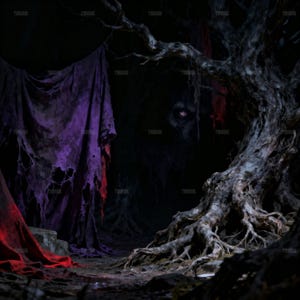 May include: A dark, eerie scene featuring a gnarled tree with exposed roots and a shadowy figure with glowing red eyes peering from the darkness. Torn, tattered purple and red fabric hangs in the background, creating a spooky atmosphere.