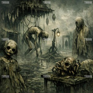 May include: A dark, eerie digital artwork depicting a desolate, swampy landscape. Figures of grotesque, skeletal beings and a skull-spider hybrid are present. The scene is shrouded in mist, with a hanging structure and a lantern.