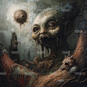 May include: A surreal digital painting featuring a grotesque, monstrous figure with a gaping mouth and sharp teeth. The creature has a pale, textured face and is set against a dark, ominous background with a floating, spherical object.