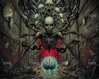Puede incluir: Ilustración digital de una figura esquelética con múltiples calaveras, ambientada en un entorno oscuro y surrealista. La figura tiene largas extremidades con forma de araña y un núcleo rojo brillante. El texto "THE MAZE OF MY MIND" está en la parte inferior.