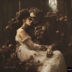 May include: A digital artwork depicting a person with dark hair wearing a flowing, off-the-shoulder cream-colored gown, resting against a skeletal figure adorned with dark, withered floral elements and a crown of thorns in a dimly lit, moody setting.