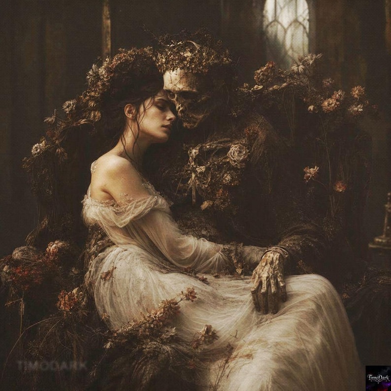 May include: A digital artwork depicting a person with dark hair wearing a flowing, off-the-shoulder cream-colored gown, resting against a skeletal figure adorned with dark, withered floral elements and a crown of thorns in a dimly lit, moody setting.
