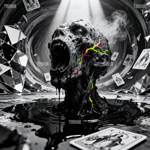 May include: A surreal digital art piece featuring a screaming, decaying head emerging from a pool of black liquid. The head has glowing neon veins and is surrounded by playing cards and shattered mirrors. The artwork is in grayscale with pops of color.