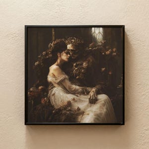 May include: A framed wall art print depicting a person in a flowing white gown resting against a dark, skeletal figure adorned with dried flowers. The scene is rendered in deep, muted earth tones with a focus on the contrast between the light fabric and the dark, textured environment surrounding the two figures.