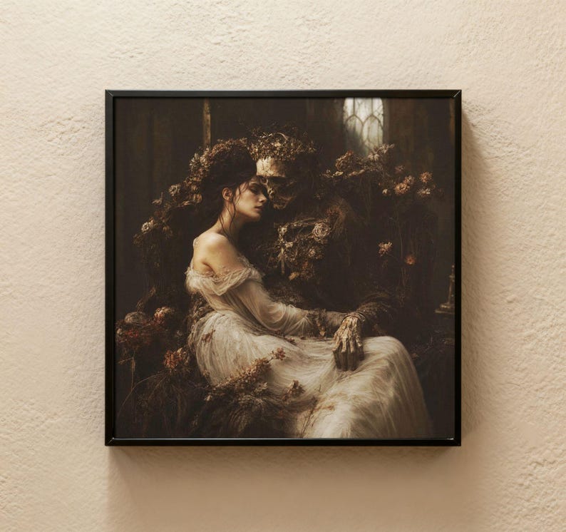 May include: A framed wall art print depicting a person in a flowing white gown resting against a dark, skeletal figure adorned with dried flowers. The scene is rendered in deep, muted earth tones with a focus on the contrast between the light fabric and the dark, textured environment surrounding the two figures.