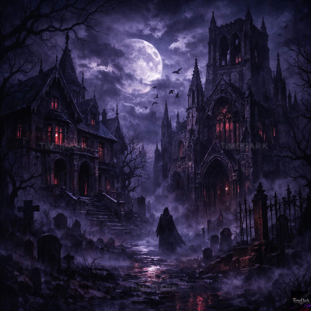 Cathedral of the Lost - Dark Gothic Cathedral Village Art Print ...