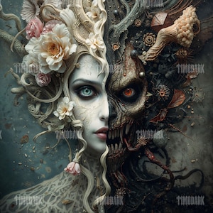 May include: A split-face artwork depicting a woman's face on the left, adorned with flowers and light hair, and a skeletal face on the right. The artwork features a blend of light and dark tones, with intricate details and a surreal theme.