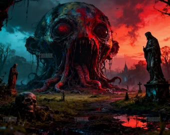 Cosmic Horror Skull Monster – Dark Fantasy Landscape Art | 1:1 Digital Download