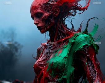 Puede incluir: Obra de arte digital que presenta una figura con una combinación de colores rojo y verde. La figura tiene la cabeza calva y maquillaje oscuro, con vetas rojas y una salpicadura verde en el pecho. El fondo es azul apagado.