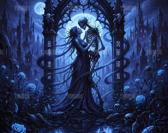 Arte mural gótico romántico: Esqueleto oscuro abrazado bajo la luz de la luna / Impresión 1:1