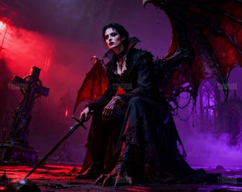 Gothic Demon Warrior – Winged Female Demon with Sword | Horror Fantasy 1:1 Digital Artwork