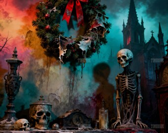Gothic Christmas Wreath & Skeleton – Dark Holiday Artwork | 1:1 High-Resolution Digital Download