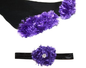 Conjunto de polainas e tiara para bebê Ravens roxo e preto
