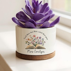 Vaso in ceramica personalizzato con libro e fiori, "Grazie per avermi aiutato a crescere", regalo per insegnanti, regalo di ringraziamento, vaso per la fine della scuola.