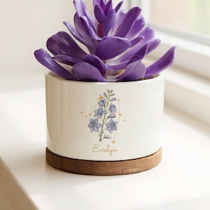 Puede incluir: Una maceta de cerámica blanca con una suculenta morada y un posavasos de madera. La maceta presenta un diseño floral y el nombre "Evelyn" en letras doradas. La suculenta tiene múltiples capas de pétalos morados.