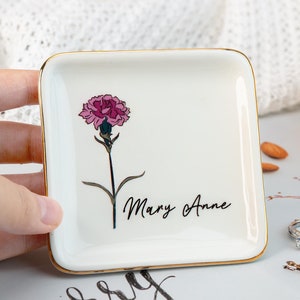 Birth Flower Trinket Dish, Bridesmaid Ring Dish, Personalized Ring Dish for Girl Women, Bridal Shower Gift, Custom Name Ring Holder