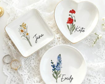 Personalisierte Geburt Blume Schmuckstück Teller, kundenspezifische Aquarell Blumen Ring Schale, Geburtstag Schmuckschale, Hochzeit Brautjungfer Geschenk, Weihnachtsgeschenke