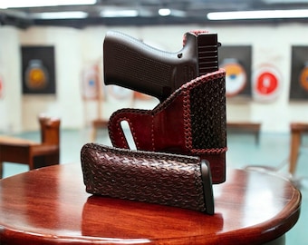 Customizable Glock G43X leather holster with Mag Pouch, (weapon and mag NOT Included), handmade in the US