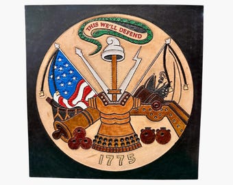 Handgeprägtes Leder Emblem der US Army (30,5 x 30 cm), geschnitzte bemalte Wandkunst