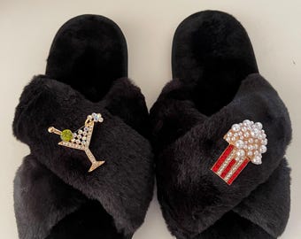 Customizable Slippers, Rhinestone Brooch Slippers, Sequin Slippers, Bridesmaids Slippers, Martini Slippers, Gift for her, Personalized gift