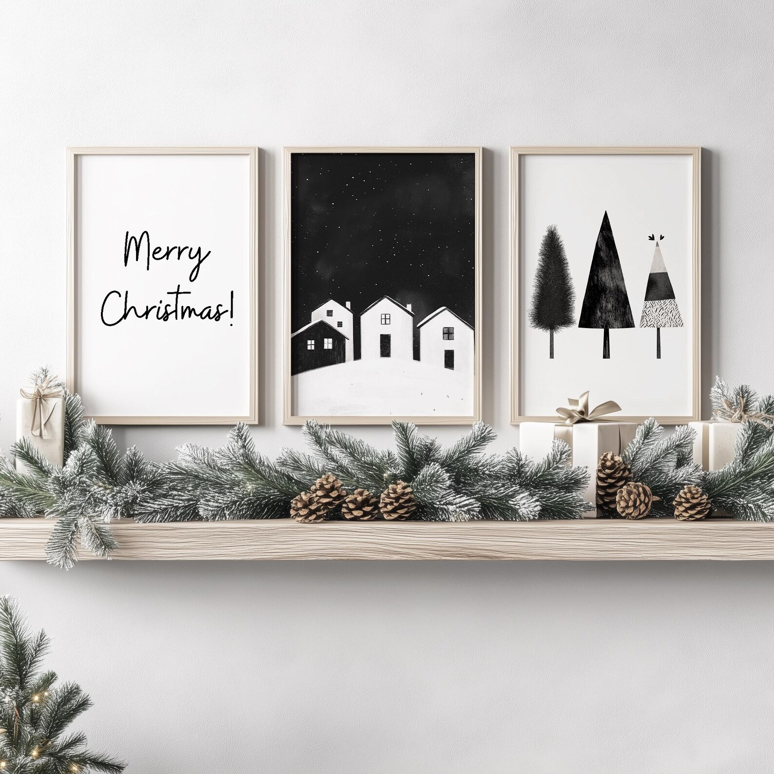 Minimalist Christmas Set of 3 Wall Art, Scandinavian Retro Holiday ...