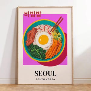 Bibimbap Kunstdruck | koreanisches Essen Wanddekor | Buntes Küchen Poster | Retro Seoul Küche Illustration | Sofortdownload | Asien-Liebhaber