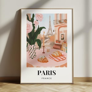 Paris Cafe Art Print – Eiffel Tower & Croissants – Romantic French Decor – Travel Inspired Wall Art – Parisian Kitchen Decor - Gift for her