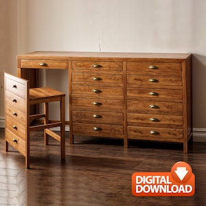 DIY Hidden chair desk Cabinet: Desk with drawers plans, Study Desk, Craft Table Plans, sewing table plan, Rustic work bench