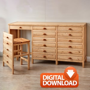 PDF Download, DIY Table, Office Table, Industrial Table, Wooden Desk, Storage Table , 13 Storage Drawers with hidden Chair, Rustic Table