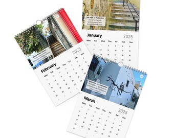 May include: A set of four wall calendars featuring colorful photographs of urban scenes. Each month features a different image and a short description. The months featured are January, February, March, and April.