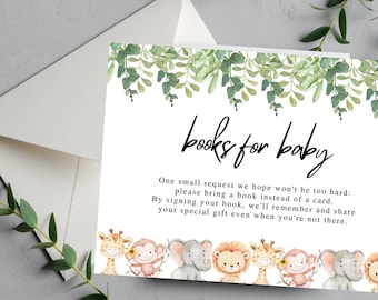 Plantilla de tarjeta de libros para bebé, inserto de baby shower de jungla, tarjeta de solicitud de libro de safari editable en Canva, baby shower de género neutro, temática salvaje