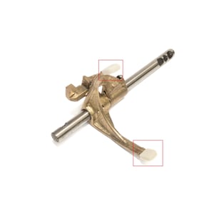 Può includere: Un componente metallico a forcella per il cambio marce con un corpo centrale color ottone montato su un albero cilindrico in acciaio. Il meccanismo include due cuscinetti di contatto in plastica bianca evidenziati da riquadri rossi.