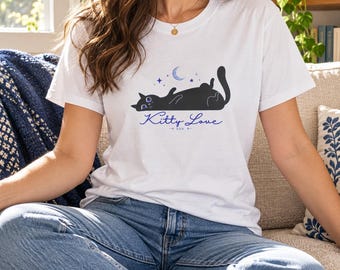 Kitty Love T-Shirt — Black Cat, Moon & Stars Design by Raven Blue Witch