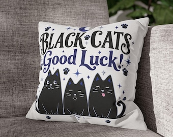 Black Cats Good Luck Pillow Cover, 14 × 14 in — Celestial Cat Decor by Raven Blue Witch